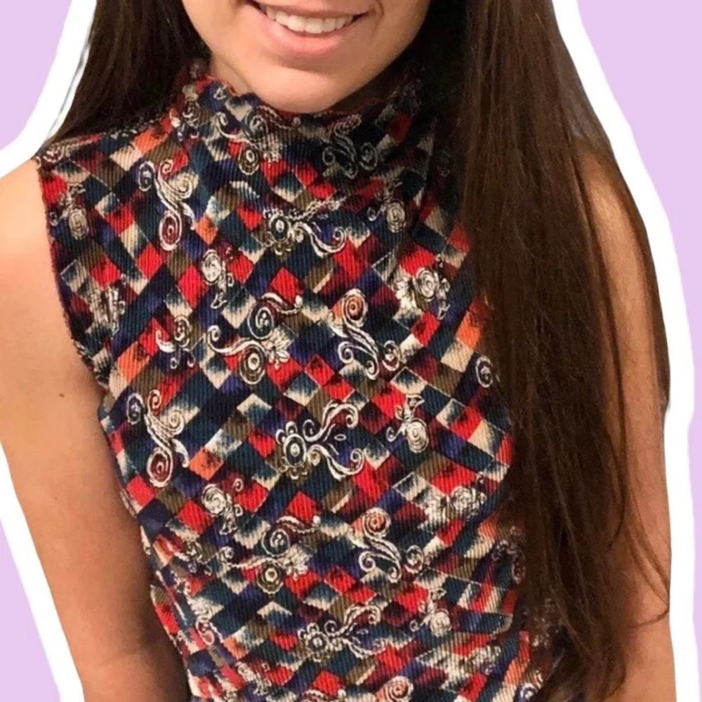 Small Vintage Plisse Pleated Mock High Neck Top 90s Friends Aesthetic  Checkered